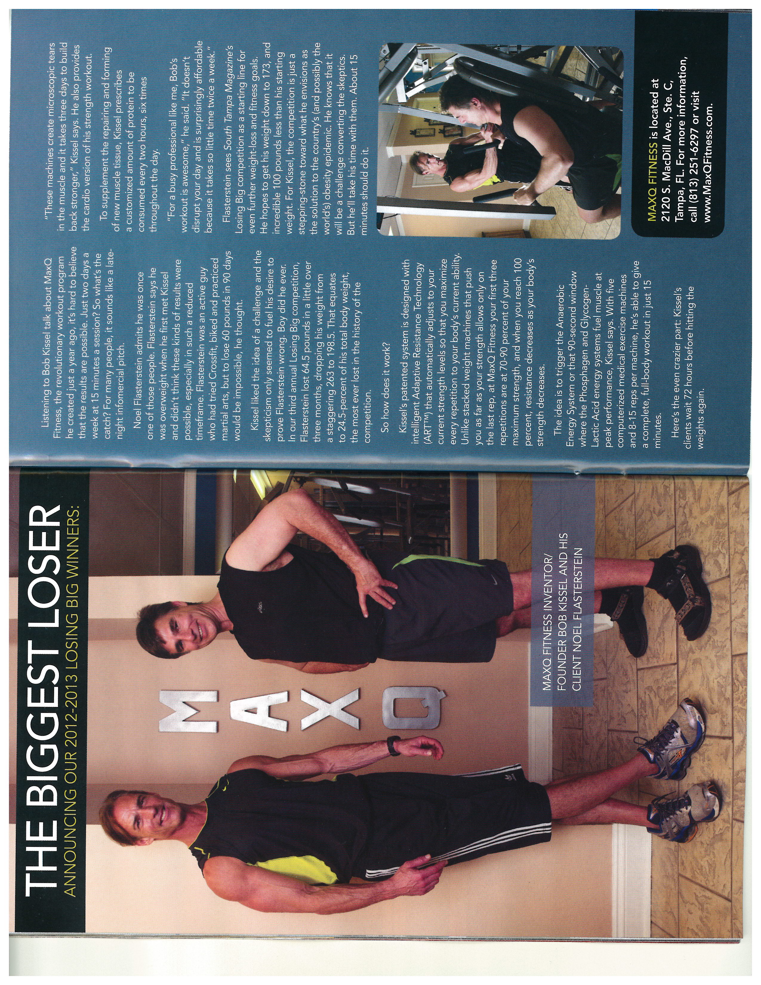 South Tampa Magazine feature: MaxQ Fitness and the Biggest Loser 2012-2013 — founder Bob Kissel with client Noel Flasterstein who lost 64.5 lbs in 3 months